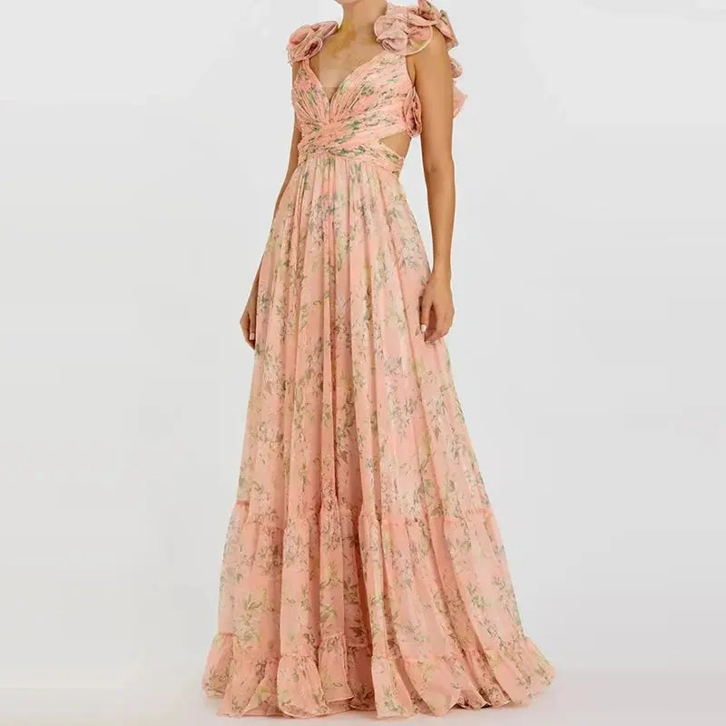 V Neck Sleeveless Vacation Print Swing Dress Fashion Floral Ruffle Strap Elegant LADYLYS