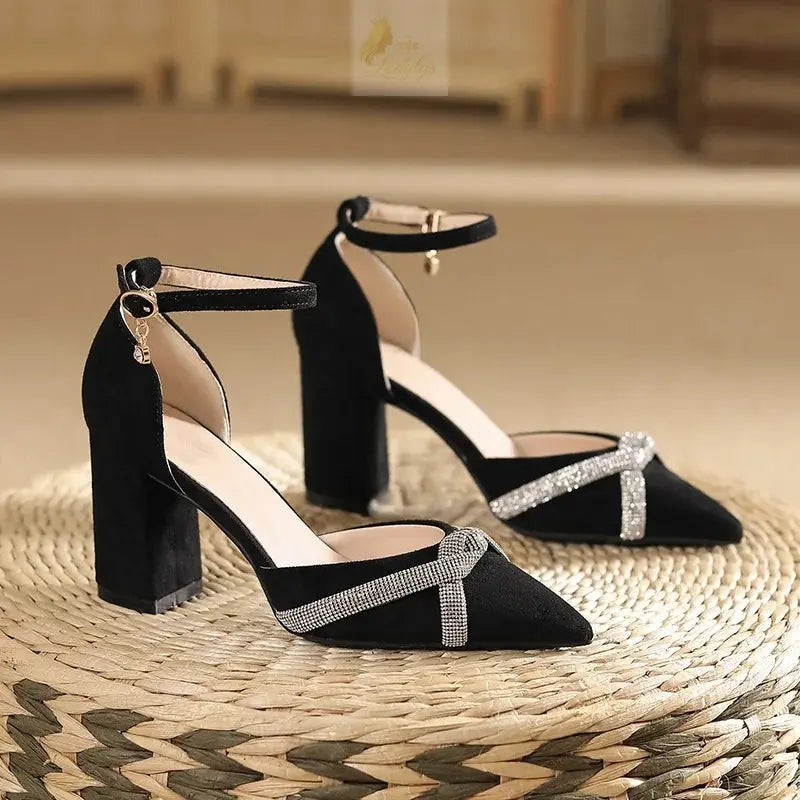 Chunky Heel Hollow Point Toe High Heels Women Shoes Solid Color Ankle Strap Rhinestone Black Heels LADYLYS