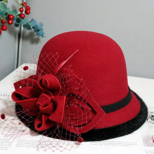 Chapeau Fedora pour femme française, nœud papillon, ruban, laine, jazz, feutre