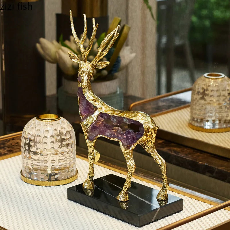Statue de cerf en alliage de cristal naturel, Design créatif ajouré