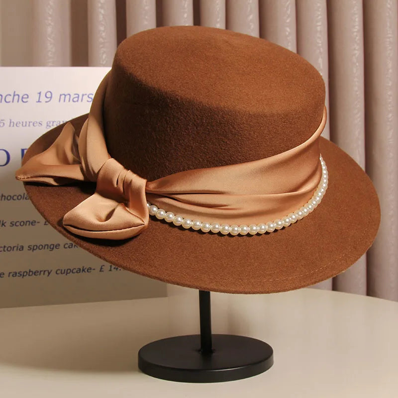 French Light Luxury Pearl Bow  Felt Flat Top Formal Hat Elegant LADYLYS