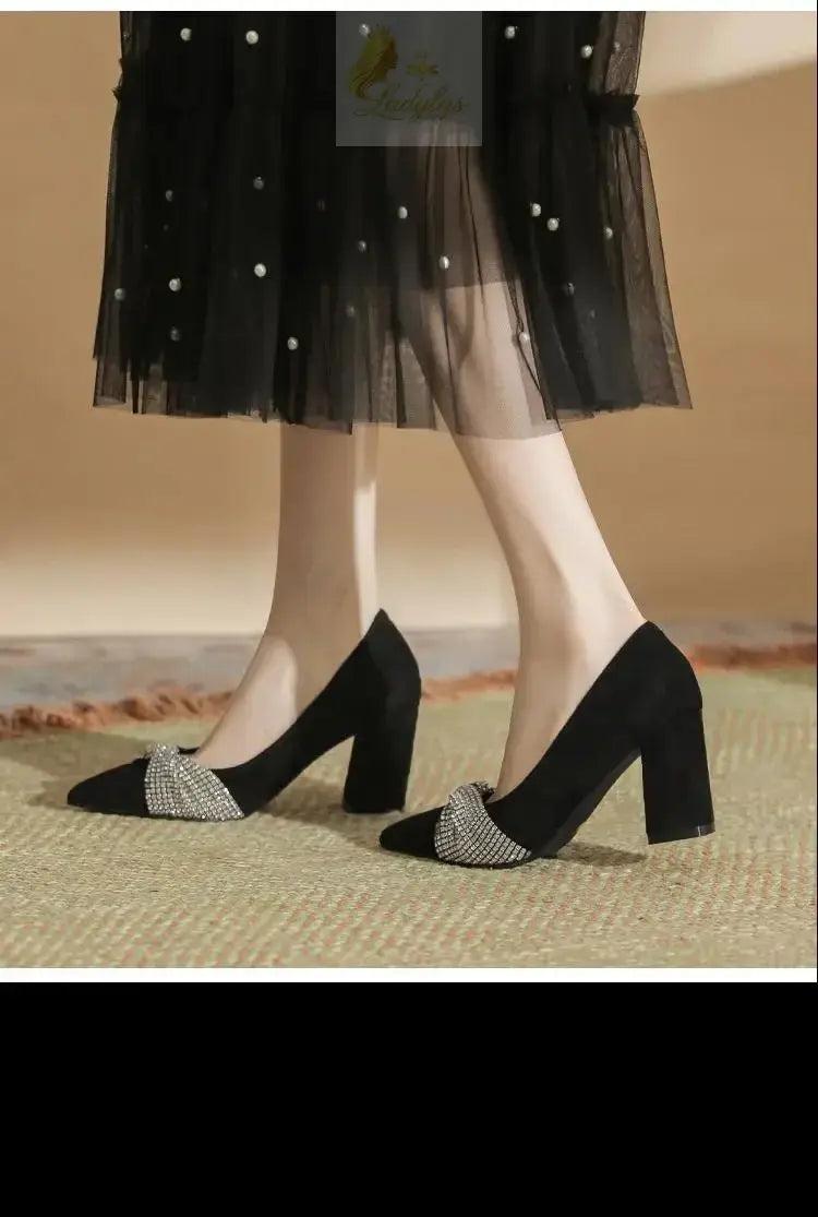 Chunky Heel Pointed Toe Black Rhinestone High Heel Women's Work Shoes Plus Size Pumps LADYLYS