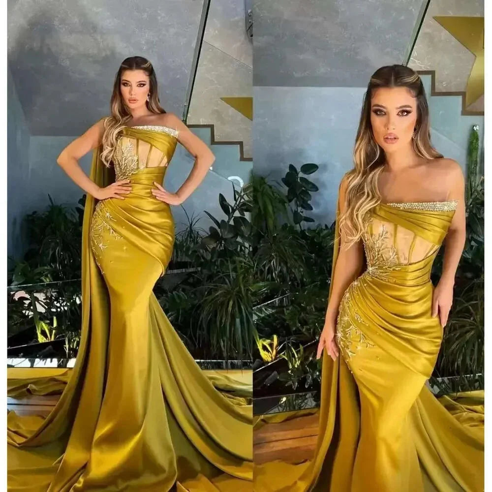 Robe de soirée luxueuse en satin jaune vif avec col en V et perles de cristal, élégante