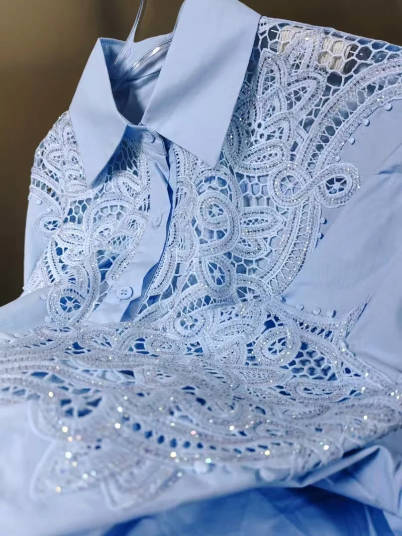 Luxury Design Bling Sequins Embroidery Cotton Shirts Blouses For Women's Long Sleeve Oversize