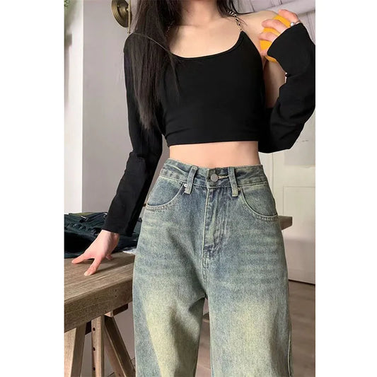 Pantalon en jean droit ample vintage des années 90 pour femme Y2K, taille haute, jambes larges