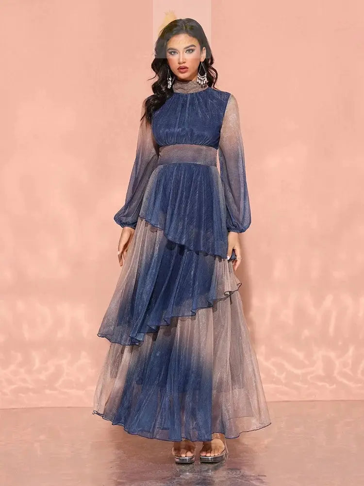 Luxury Elegant Dress With Stand Collar, Lantern Sleeves, And Ruffle LADYLYS
