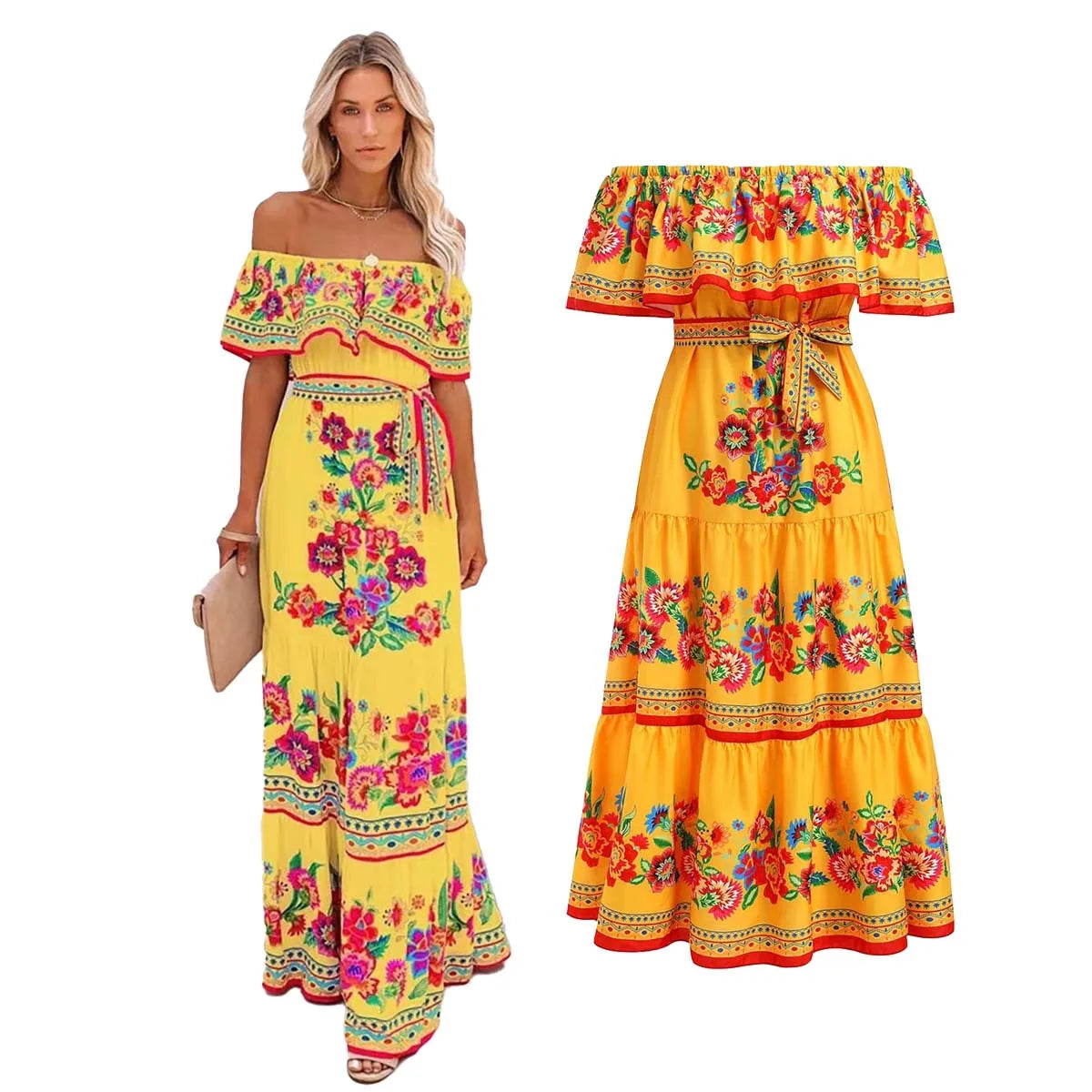 Ethnic Mexican Cinco De Mayo Summer Floral Print Off Shoulder Dress LADYLYS