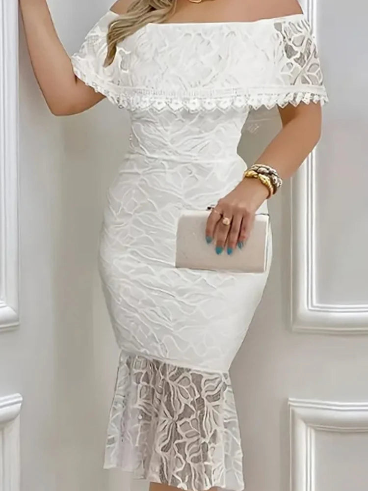 Women's White Off-Shoulder Lace Midi Dress Ruffled Neckline LADYLYS