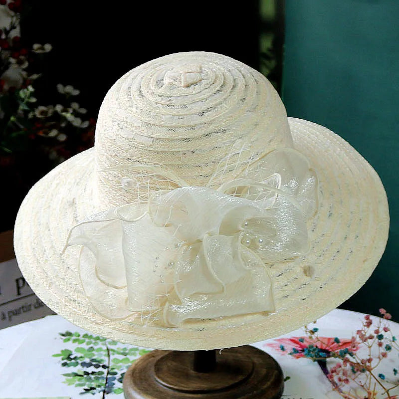 Elegant mesh pearl flower sun hat, foldable LADYLYS