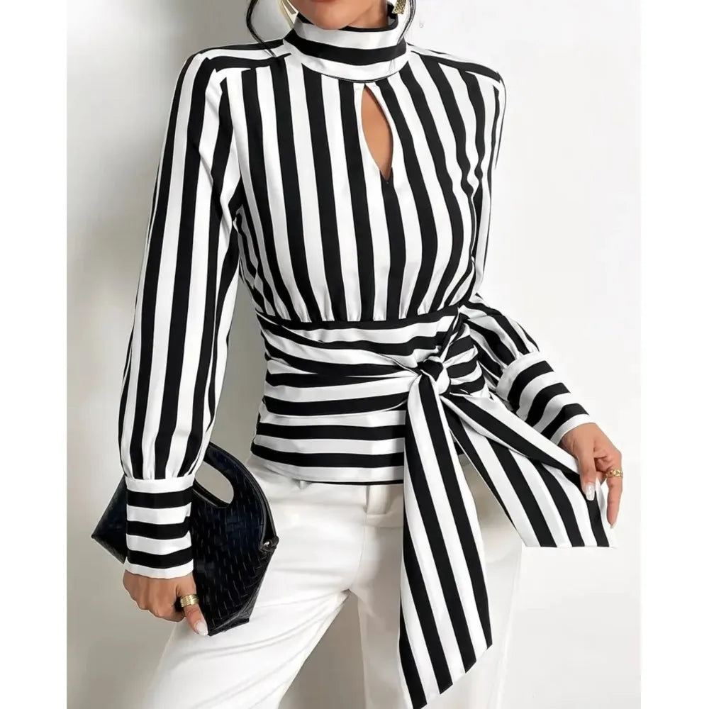 Fashion Trendy Women Black White Contrast Striped Shirt Autumn New Retro Scarf Collar Long-sleeved Elegant Female Pullover Shirt LADYLYS