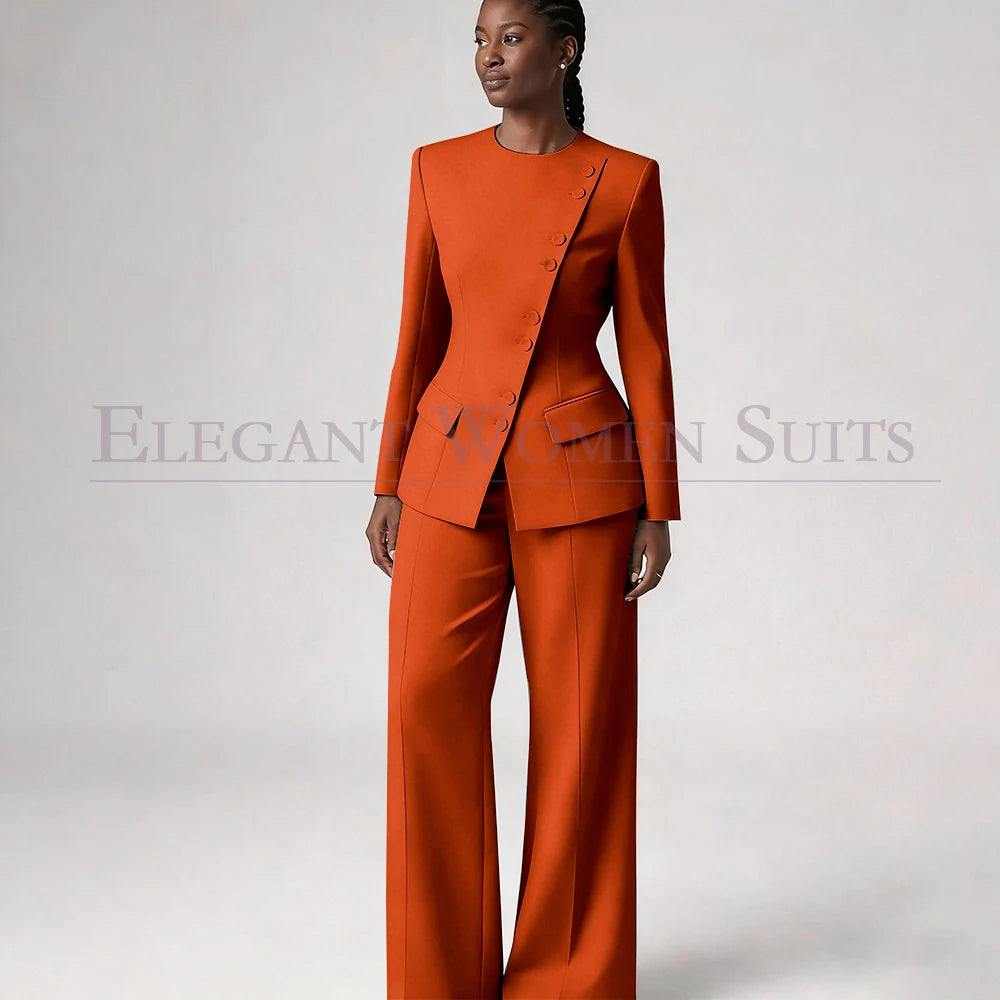 Single Breasted Women's Suits Blazer Luxury O-neck Regular Length 2 Piece LADYLYS