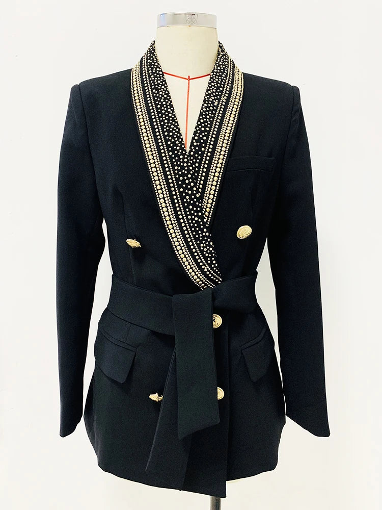 HIGH STREET Veste de créateur élégante blazer à col châle avec ceinture et perles en tôle