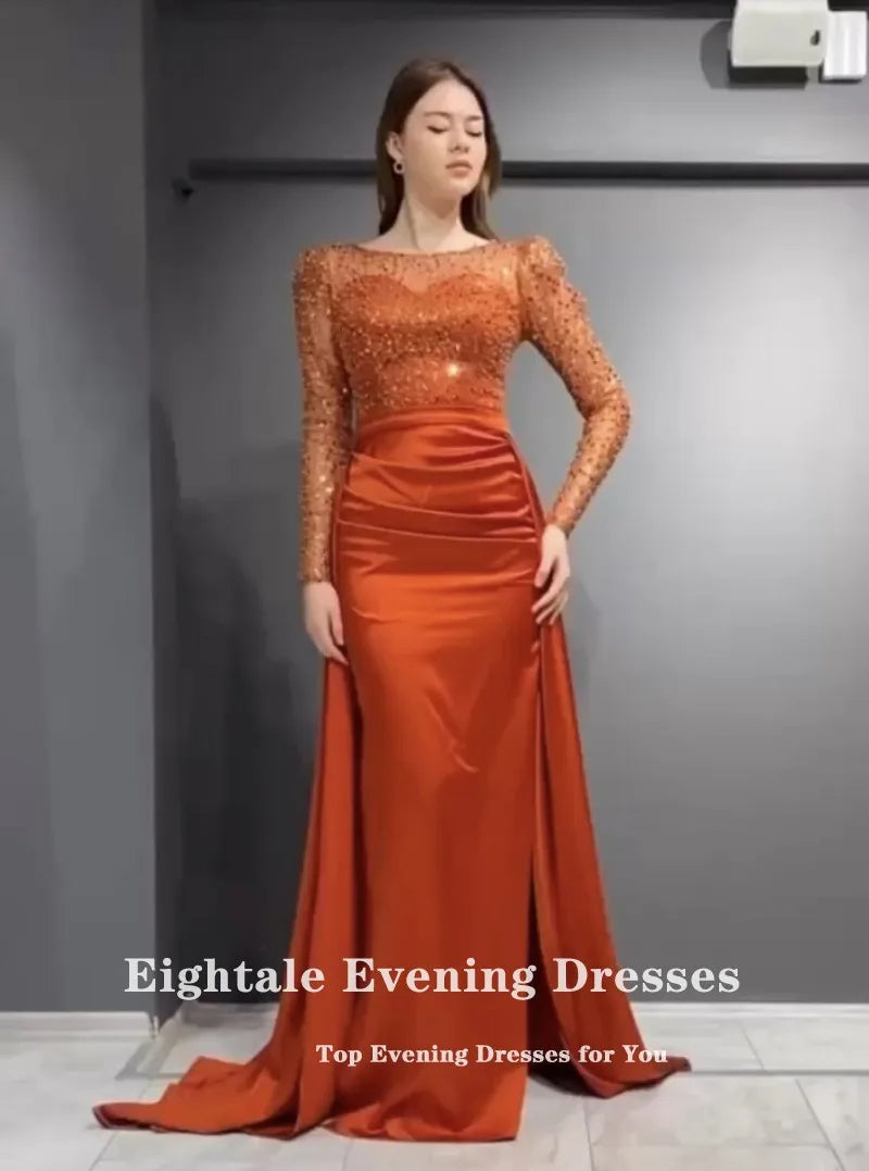 Robe de soirée scintillante Eightale Orange Rouge Brillant Luxe Manches Longues Satin Sirène