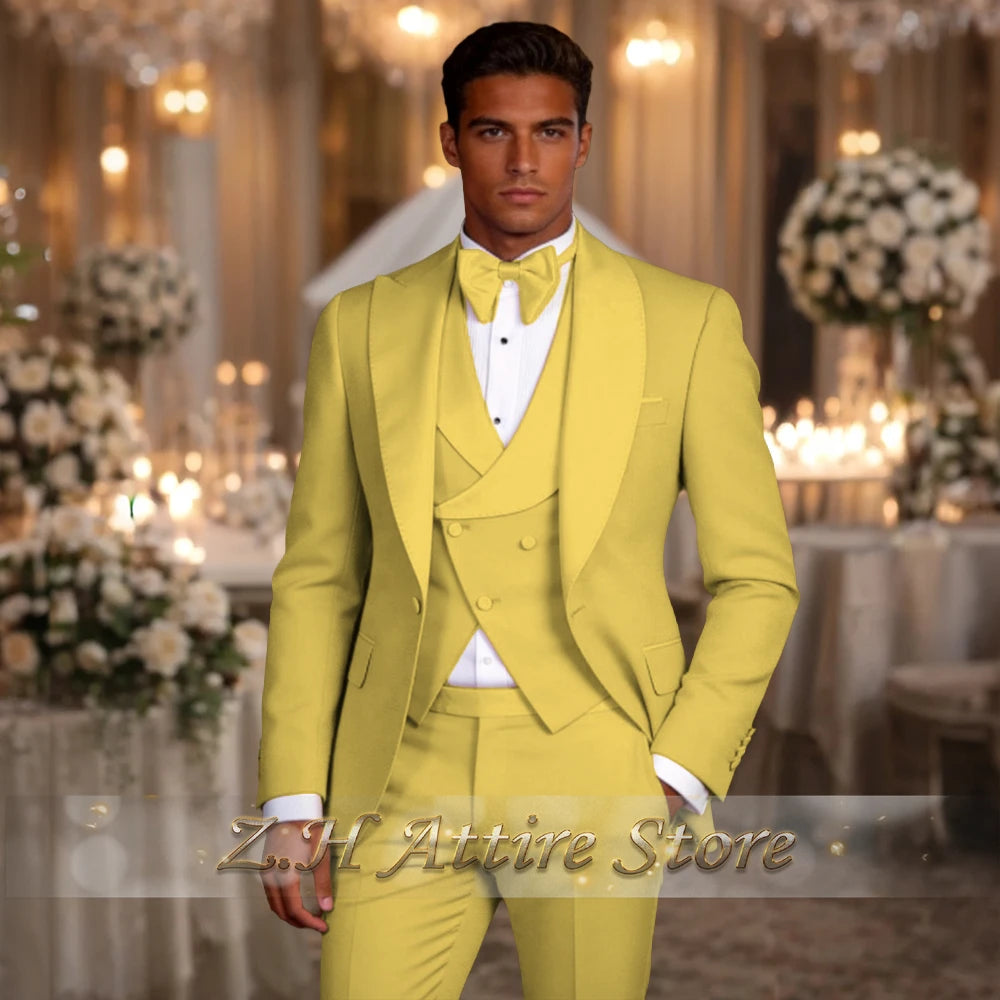 Elegant men's 3pcs suit spliced satin lapel jacket vest pants LADYLYS