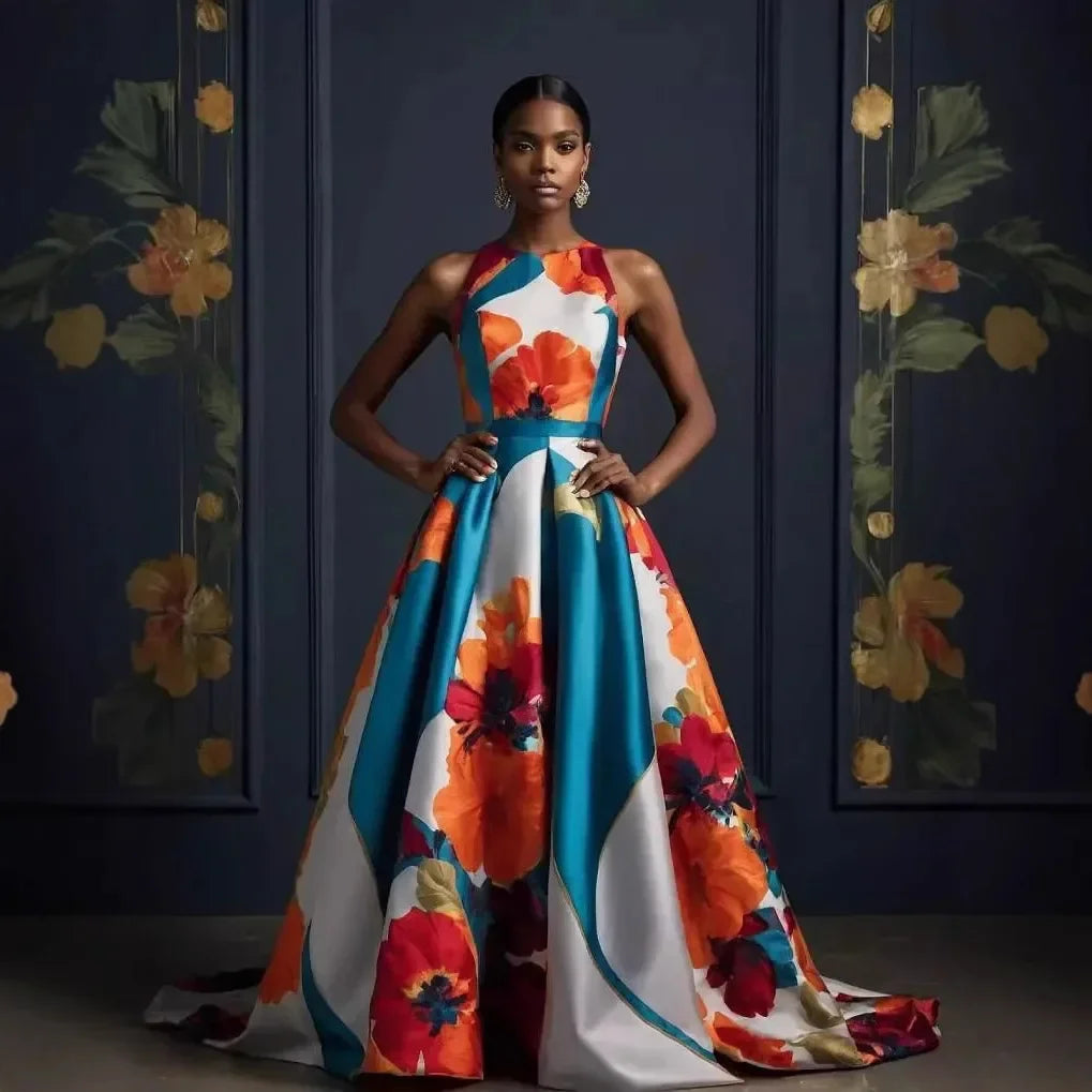 VIVI Fashionable Sleeveless Print Evening Gown Zipper Satin Slim Fit Empire Waist Long Dress LADYLYS