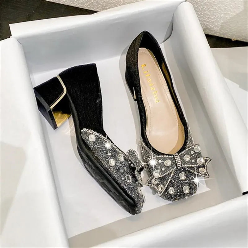 Fashion Thick Heel Square Toe Rhinestone Shallow Mouth Women Shoes Large Size 43 LADYLYS