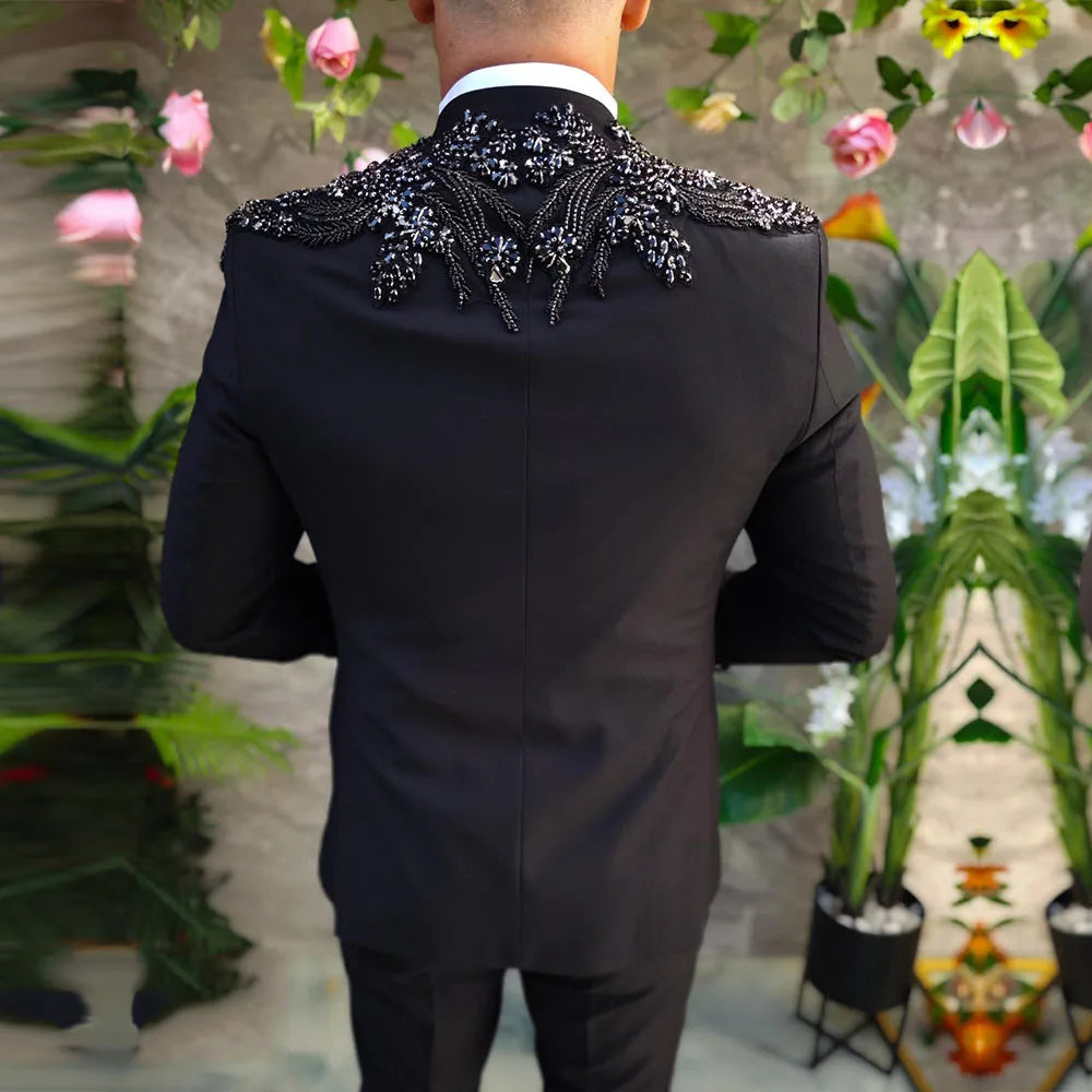 Costume de soirée formel pour homme, smoking de mariage, avec perles noires et pierres précieuses