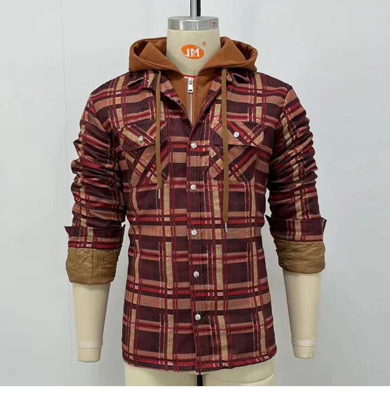 Veste chemise polaire matelassée à capuche pour homme, vestes boutonnées à carreaux à manches longues