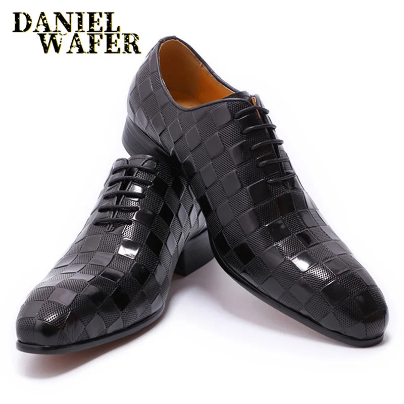 Chaussures Daniel Wafer en cuir italien de luxe hommes mode Plaid imprimé à lacets