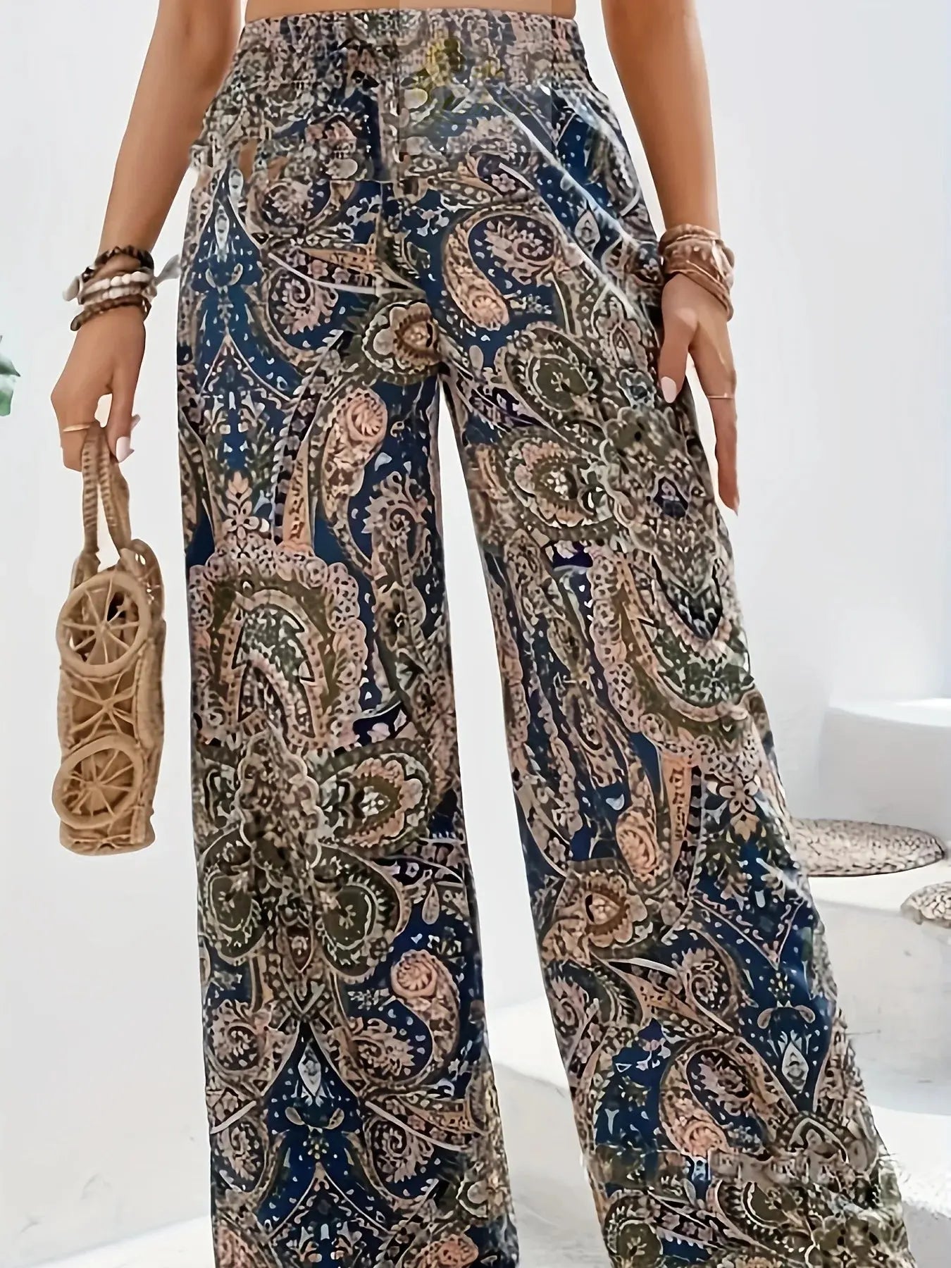Bohemian High Waist Elastic Printed Wide Leg Long Pants Women‘s Vintage Trend LADYLYS