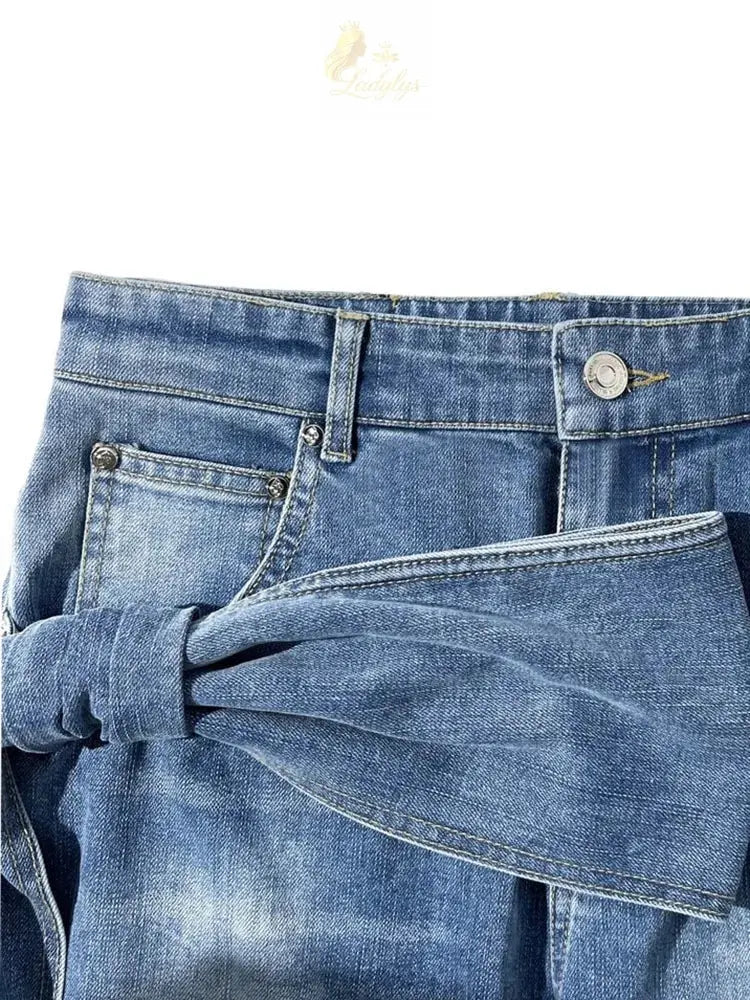 Women's Bows Bandage Denim Sling Vest High Waist Wide Leg Straight Jeans LADYLYS