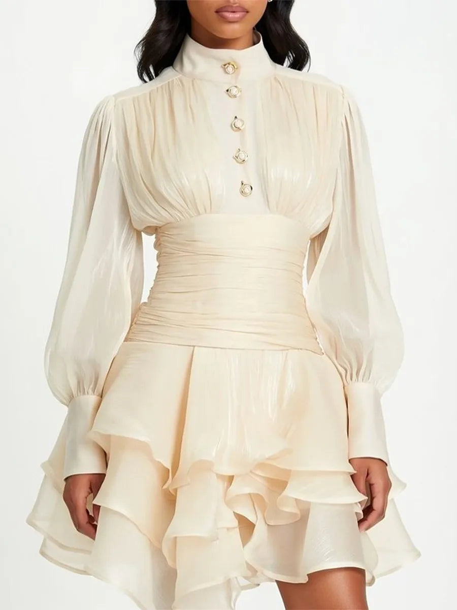 Solid Spliced Ruffles Dress Female Stand Collar Long Sleeve Loose French Elegant LADYLYS