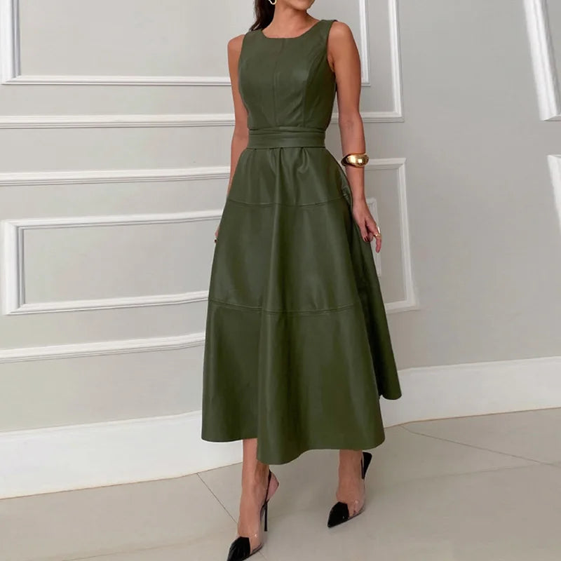 Rebecca robe longue patchwork en cuir sans manches à col rond pour femmes printemps été