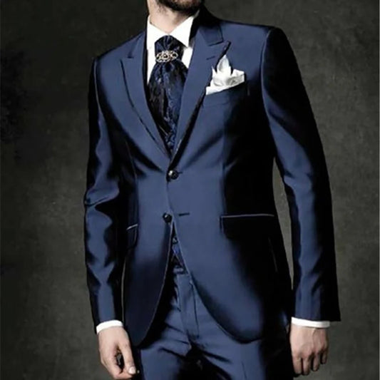 Tuxedo de marié décontracté sur mesure, bleu marine, à revers, pour mariage (veste + pantalon + gilet)