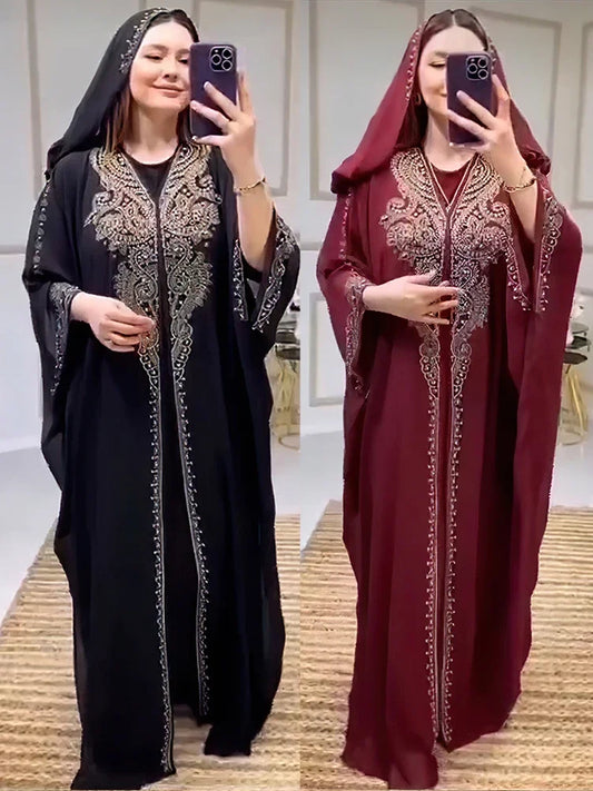 Robe musulmane pour les femmes à capuche Abaya 2 pièces ensemble diamant Jalabiya