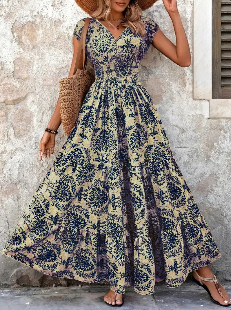 Vintage Floral Print Dress Elegant V-Neck Short Sleeve LADYLYS