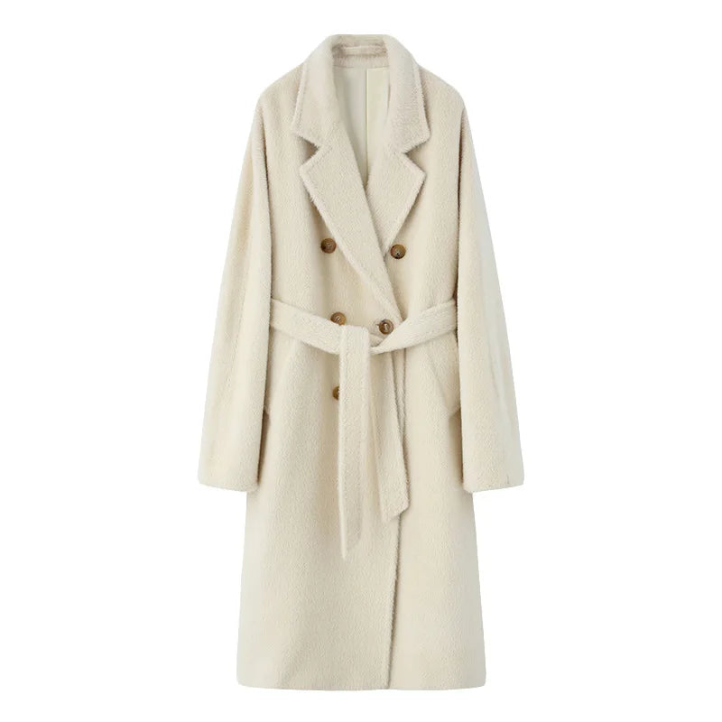 Manteau en poils de mouton et de chameau de haute qualité pour femme, mi-long, 100 % alpaga, épais et chaud en laine