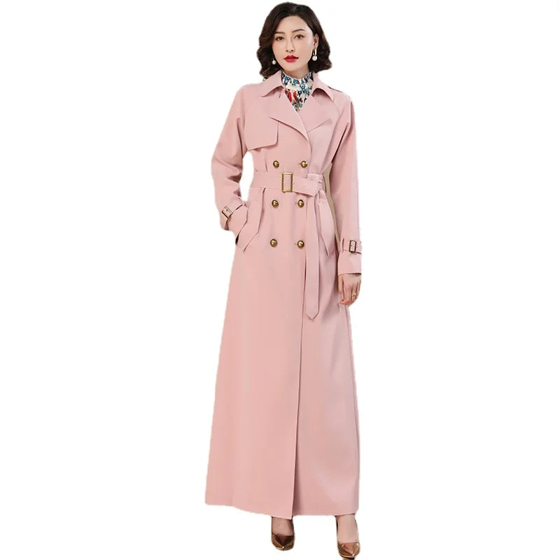 Trench Femmes Hiver Rose Manteau X-Long Veste Double Boutonnage Col Rabattu Ourlet avec Ceinture