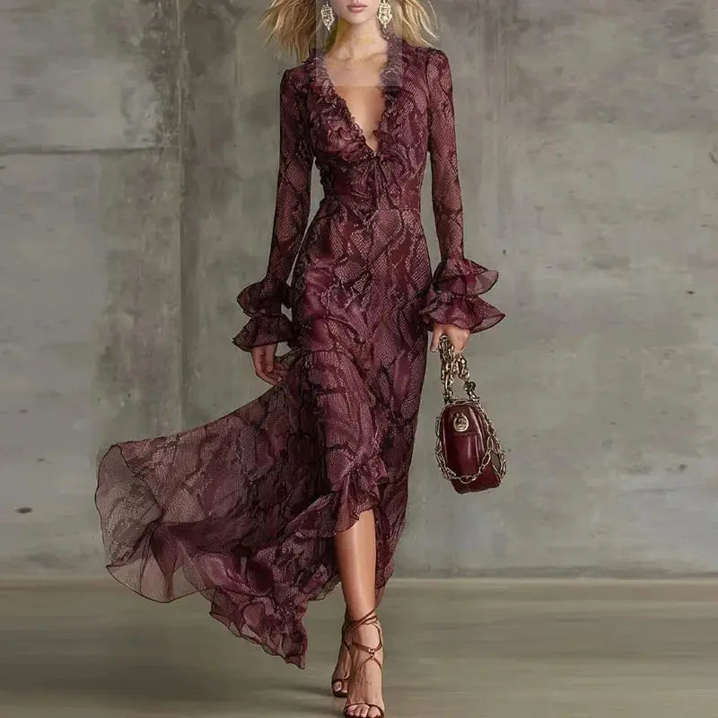 Retro Snake Print Evening Party Dresses Woman Elegant Spring Deep V Neck Ruffles Long LADYLYS