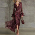Retro Snake Print Evening Party Dresses Woman Elegant Spring Deep V Neck Ruffles Long LADYLYS