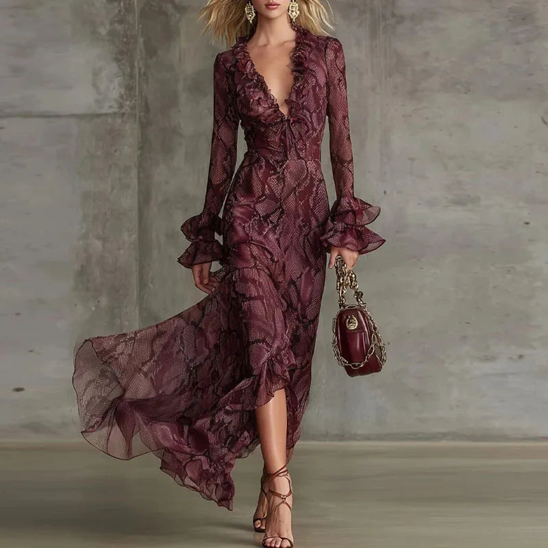 Retro Snake Print Evening Party Dresses Woman Elegant Spring Deep V Neck Ruffles Long LADYLYS