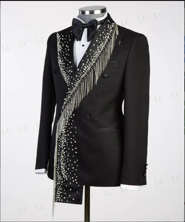 Costume 2 pièces pour homme, blazer à revers pointu, diamants, perles, pompons grande taille, sur mesure