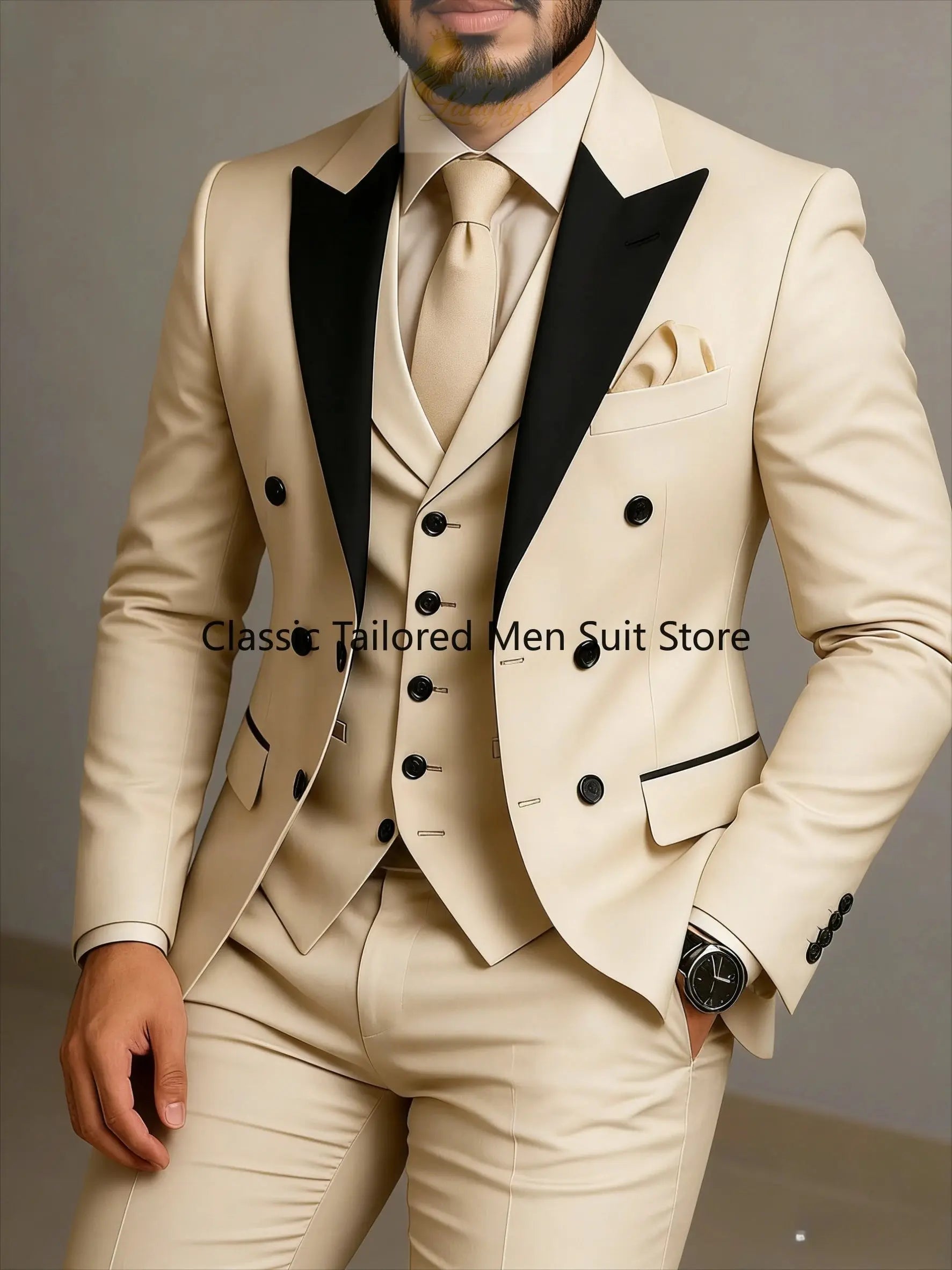 Beige Double Breasted Black Lapel  Slim Fit Wedding Suit LADYLYS