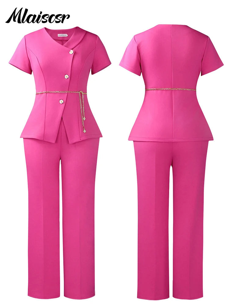 Mlaiscsr Short Sleeve V-Neck Jacket Coat and Straight-leg Pants 2 Pieces Set LADYLYS
