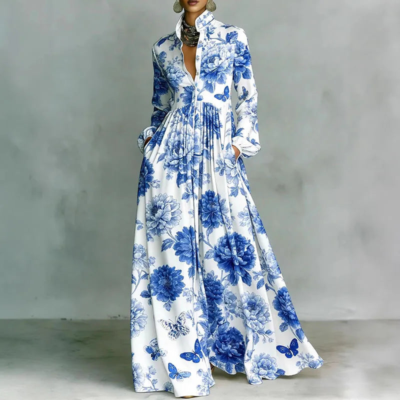 Print High Waist Pleated Woman Spring Shirt Collar Button Pockets Maxi Dress LADYLYS