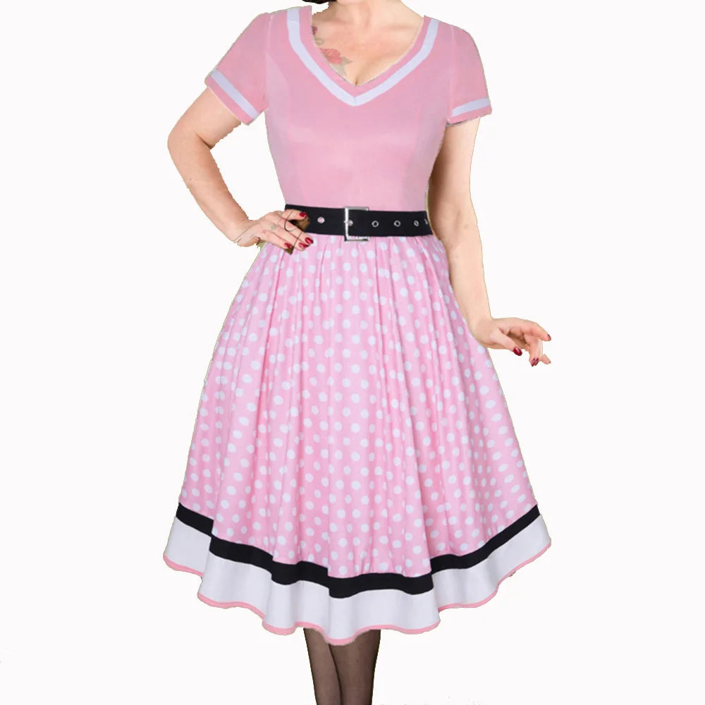 Robe d'été à pois pour femmes, Style Hepburn, col en v, manches courtes, Pinup, Vintage, Rockabilly