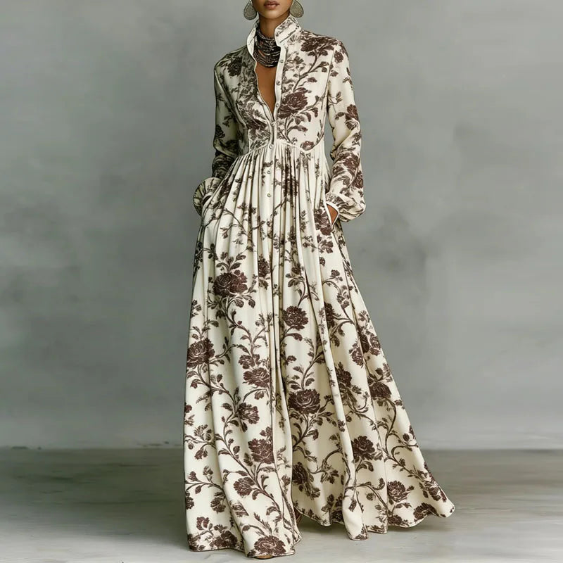 Print High Waist Pleated Woman Spring Shirt Collar Button Pockets Maxi Dress LADYLYS