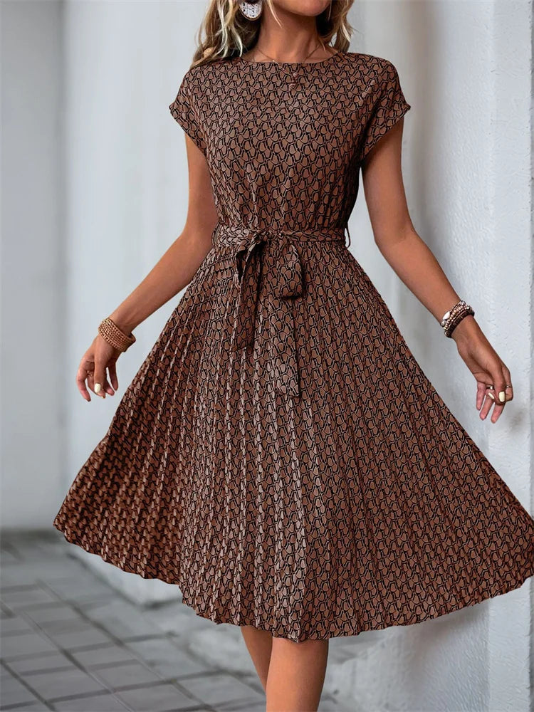 Spring Summer O Neck Pleated Medium Long Dress Fashion Print Lace-up Dress LADYLYS