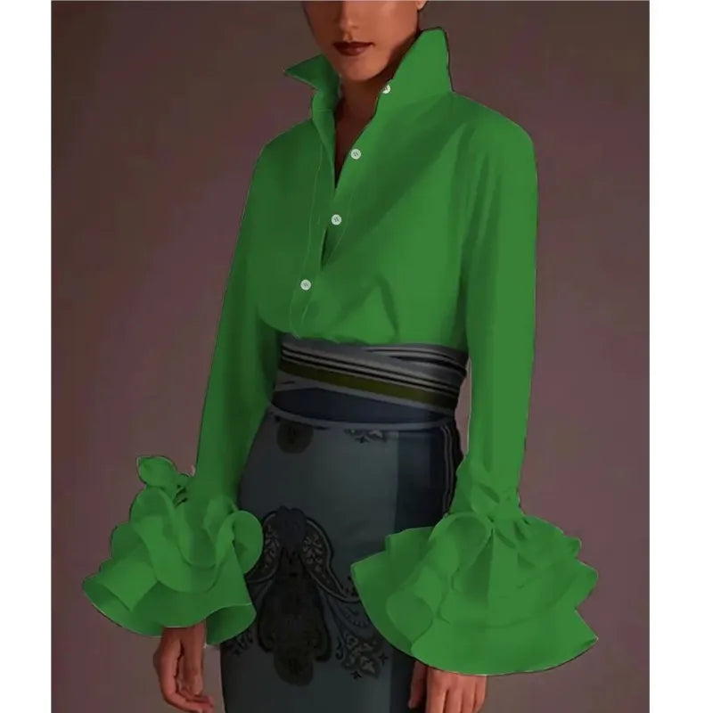 Blouse Shirt Temperament Elegant Slim Solid Color Lotus Leaf Sleeves