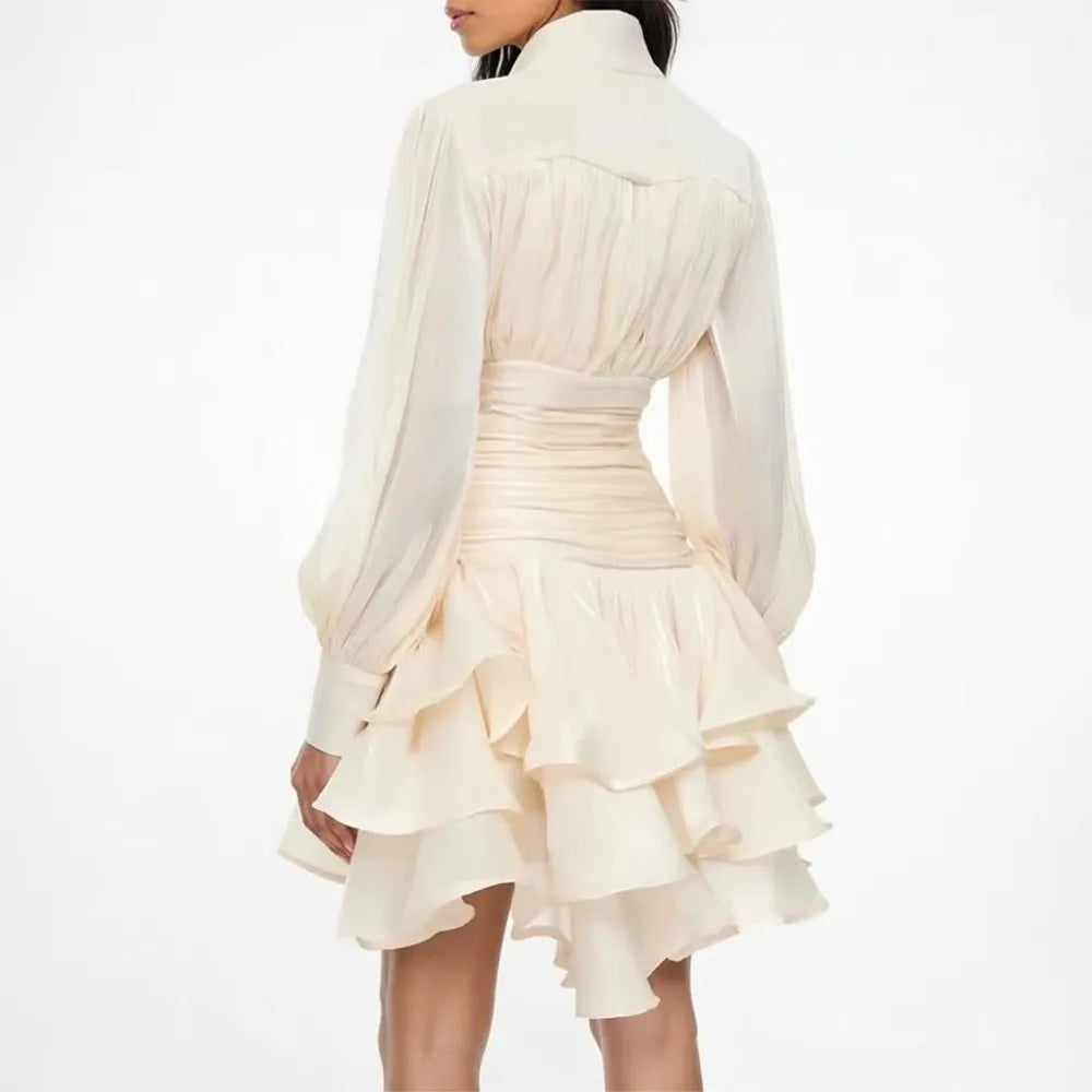 Solid Spliced Ruffles Dress Female Stand Collar Long Sleeve Loose French Elegant LADYLYS