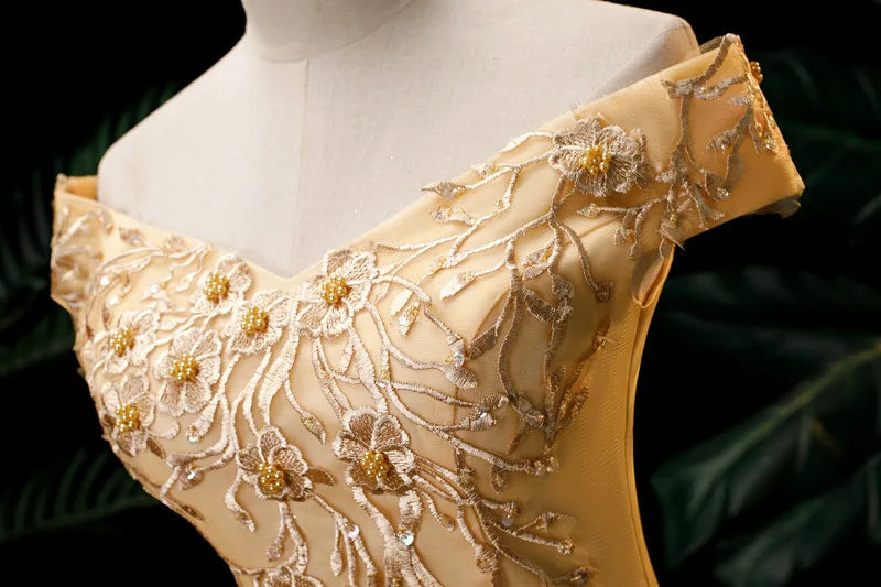 Elegant Gold Quinceanera Dress Off Shoulder Lace Embroidery LADYLYS