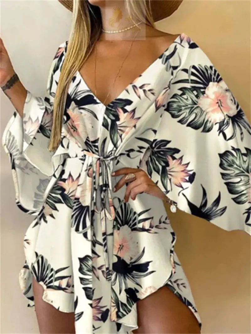 Print Dress Sexy V-Neck Bat Sleeve Ruffl Flowers Mini LADYLYS