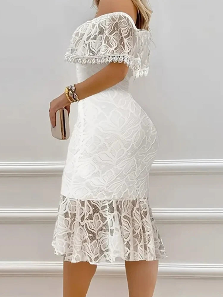 Women's White Off-Shoulder Lace Midi Dress Ruffled Neckline LADYLYS