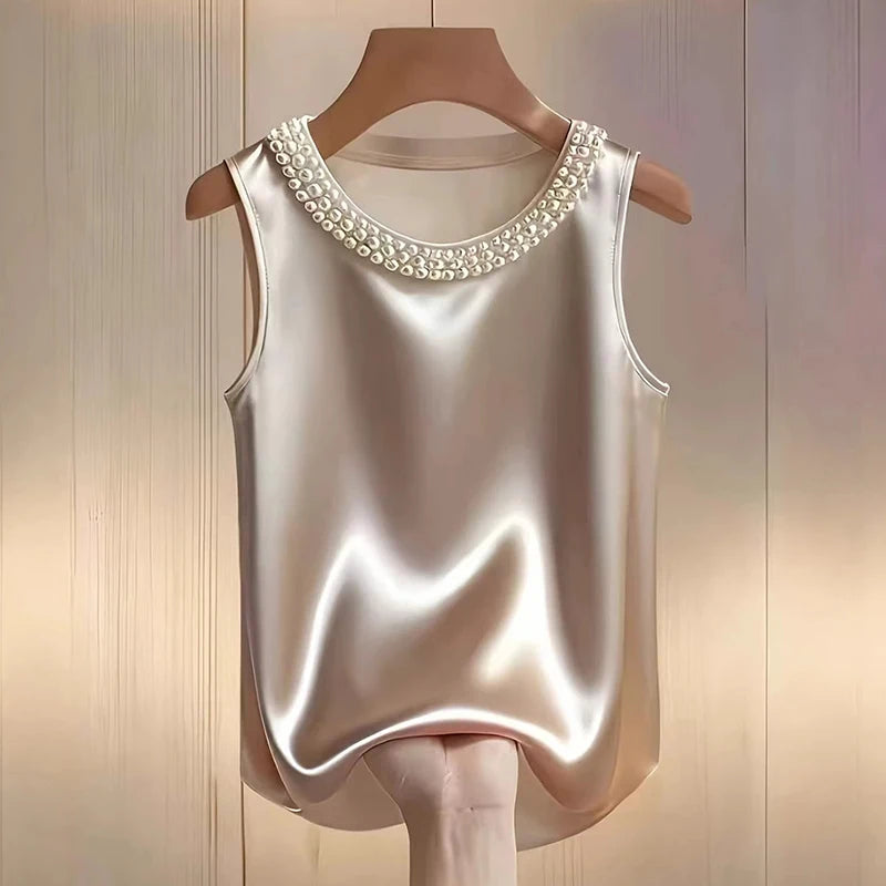 Elegant Satin Shirt Women Summer Bead Design Silk Blouse Women T-Shirts Fashion Loose Vest Women Tank Tops Fashion Lady Tee LADYLYS
