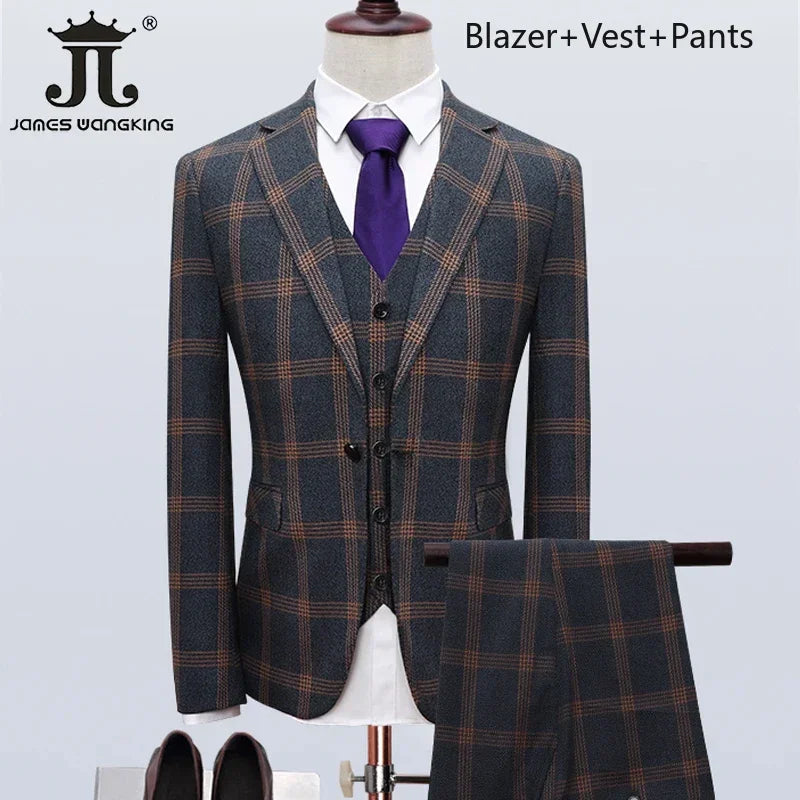 Men's Formal Suits 3 Piece Set British Plaid Style (Blazer + Vest + Trousers) LADYLYS