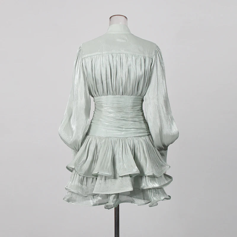 Solid Spliced Ruffles Dress Female Stand Collar Long Sleeve Loose French Elegant LADYLYS